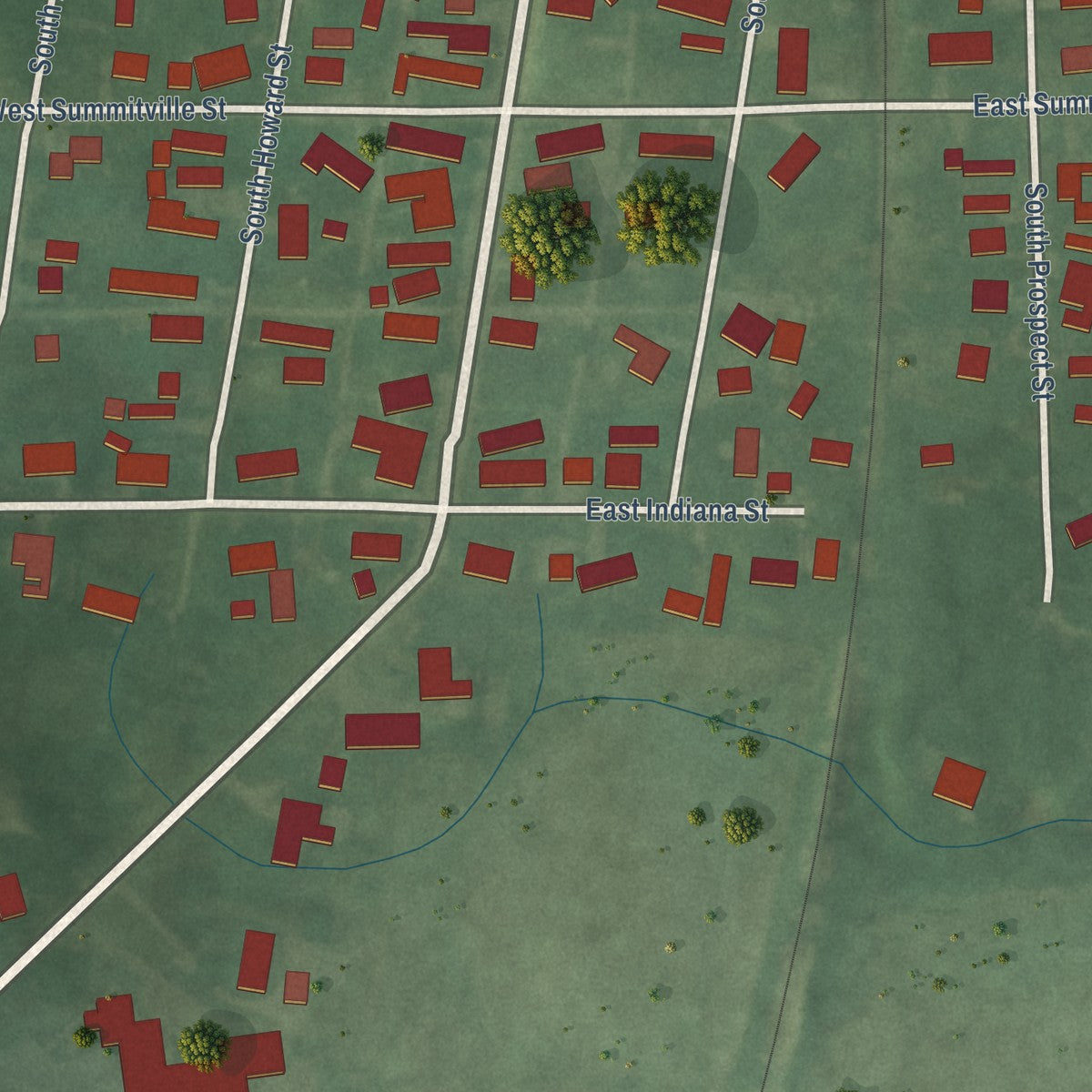 Second close-up of the map of Summitville, Indiana print showing more streets and buildings