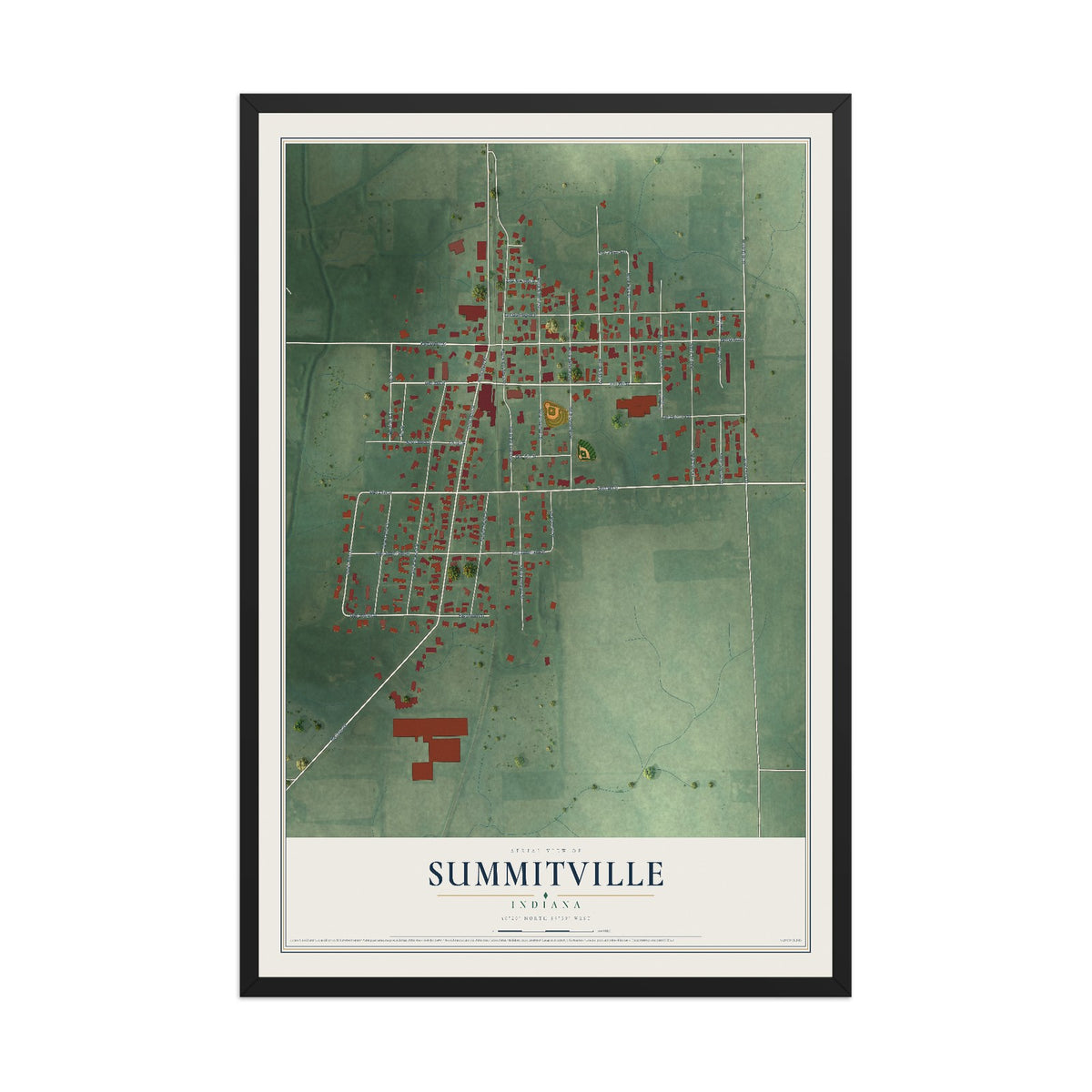 Map of Summitville, Indiana, 12 x 18 inch print in a black wood frame