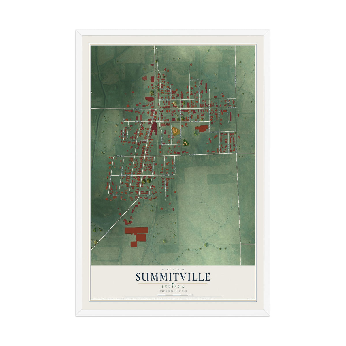 Map of Summitville, Indiana, 12 x 18 inch print in a white wood frame