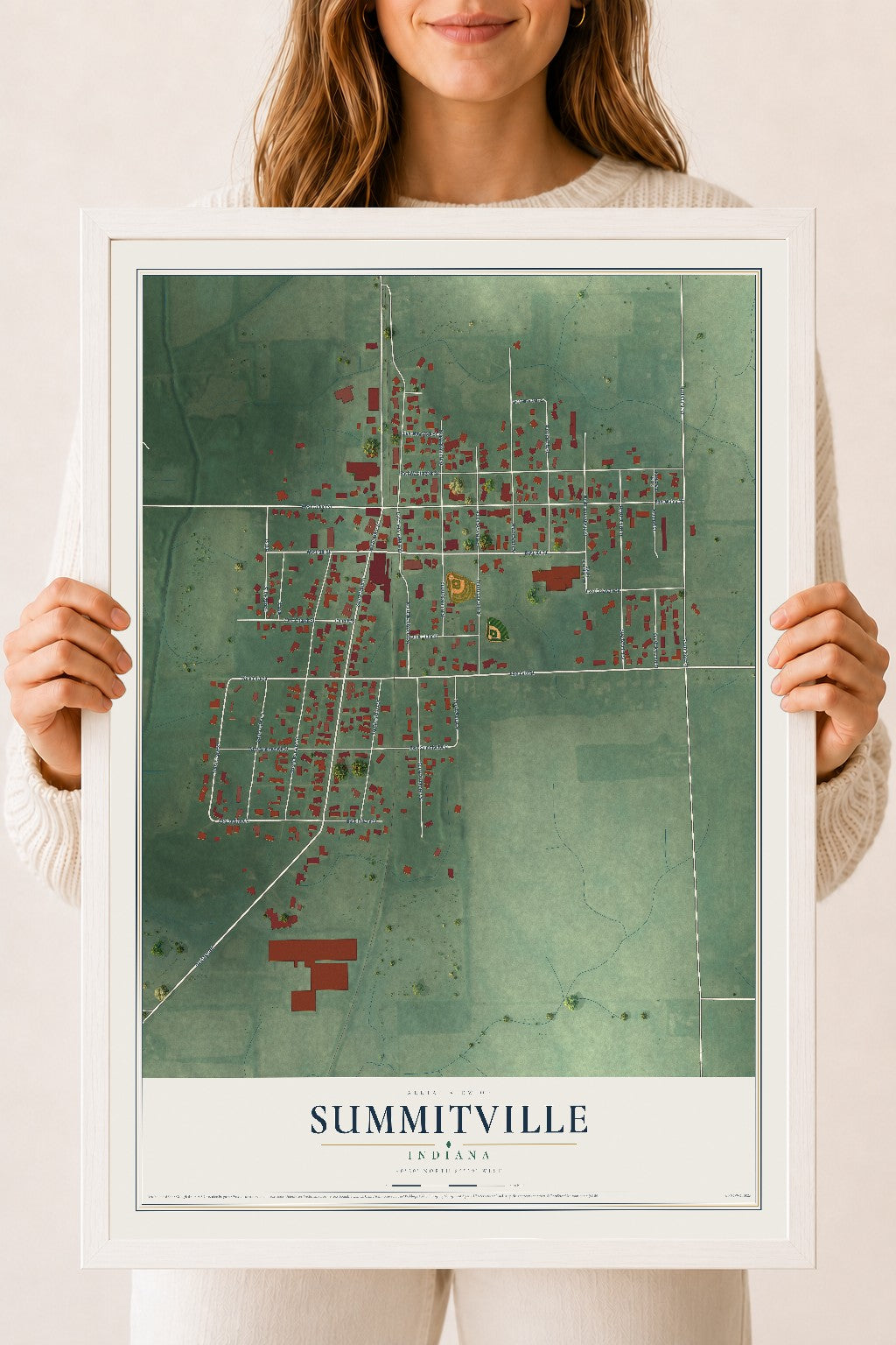 Map of Summitville, Indiana, 18 x 24 inch print in a white wood frame