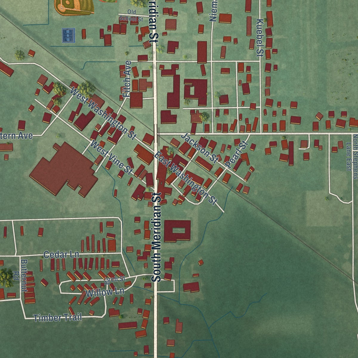 Close-up of the map of Sunman, Indiana print showing street and building detail