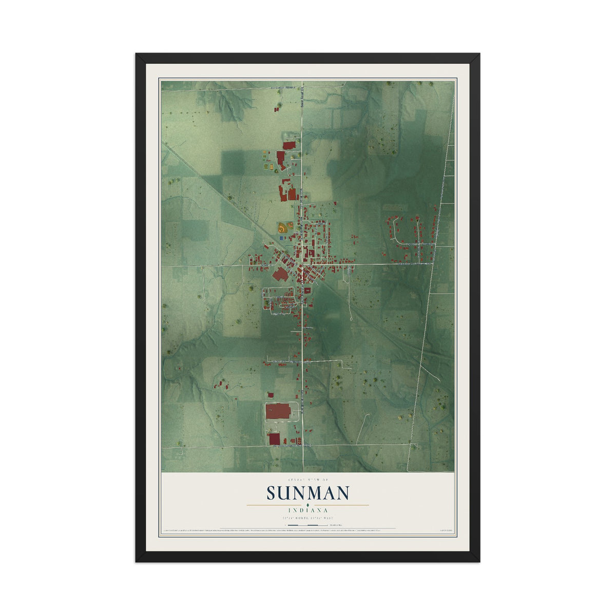 Map of Sunman, Indiana, 12 x 18 inch print in a black wood frame