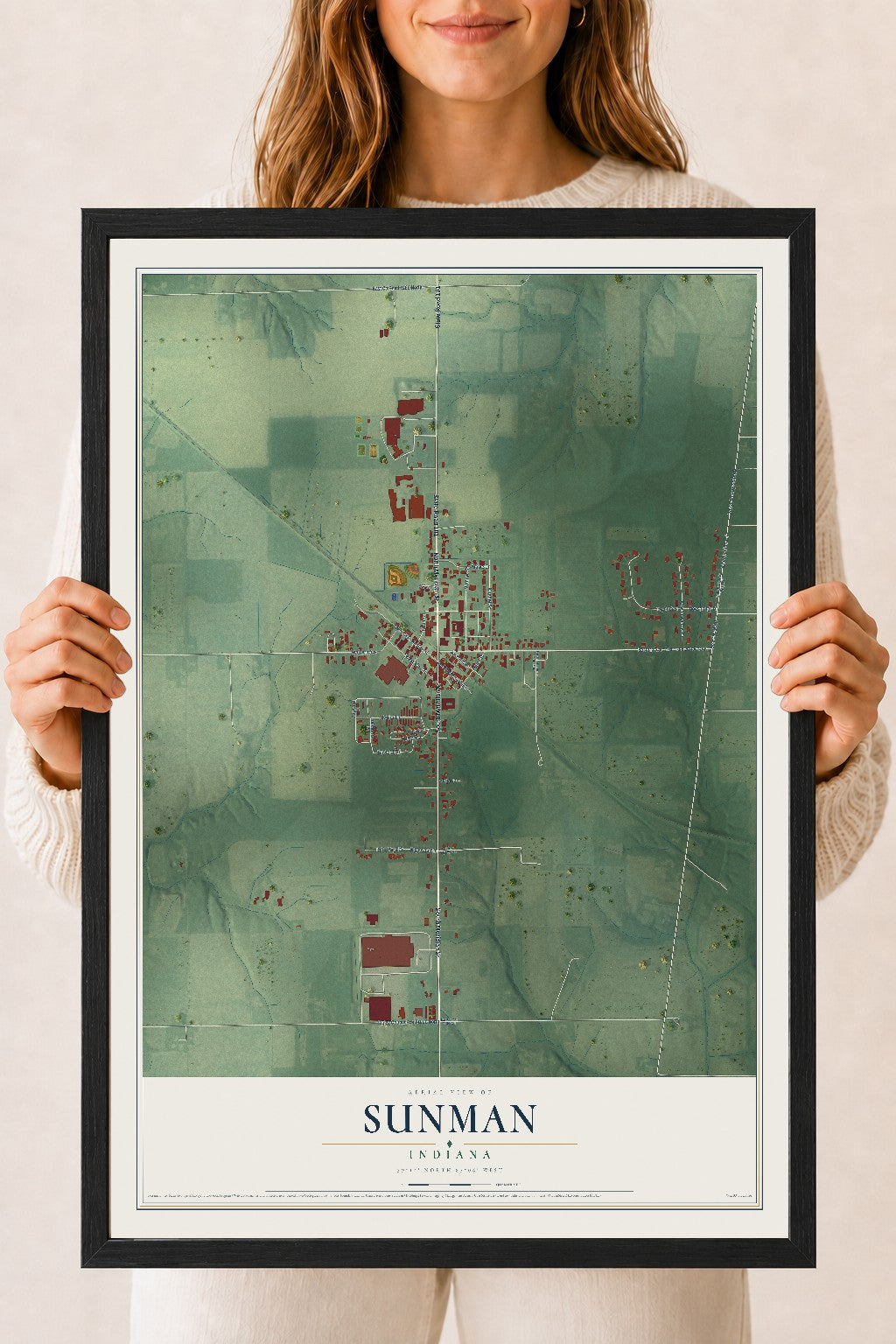 Map of Sunman, Indiana, 18 x 24 inch print in a black wood frame