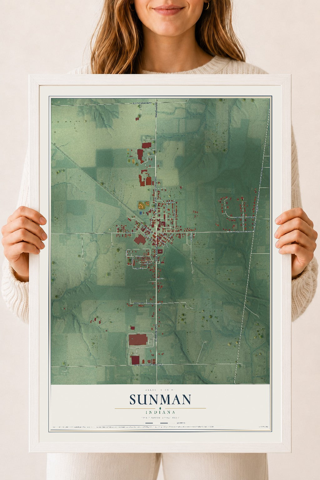 Map of Sunman, Indiana, 18 x 24 inch print in a white wood frame