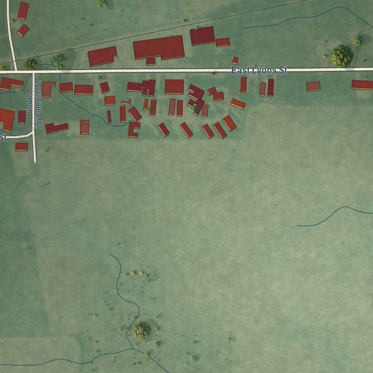 Second close-up of the map of Swayzee, Indiana print showing more streets and buildings