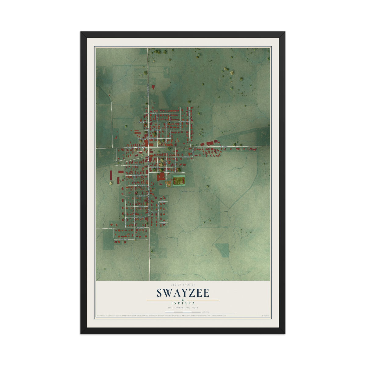 Map of Swayzee, Indiana, 12 x 18 inch print in a black wood frame