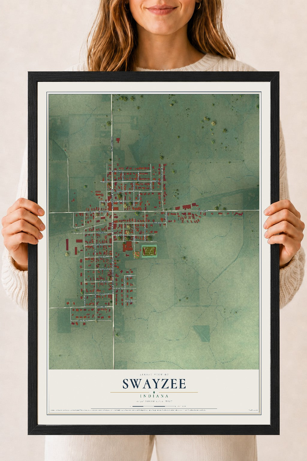 Map of Swayzee, Indiana, 18 x 24 inch print in a black wood frame