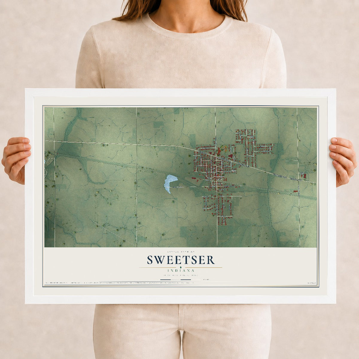 Map of Sweetser, Indiana, 12 x 18 inch print in a white wood frame