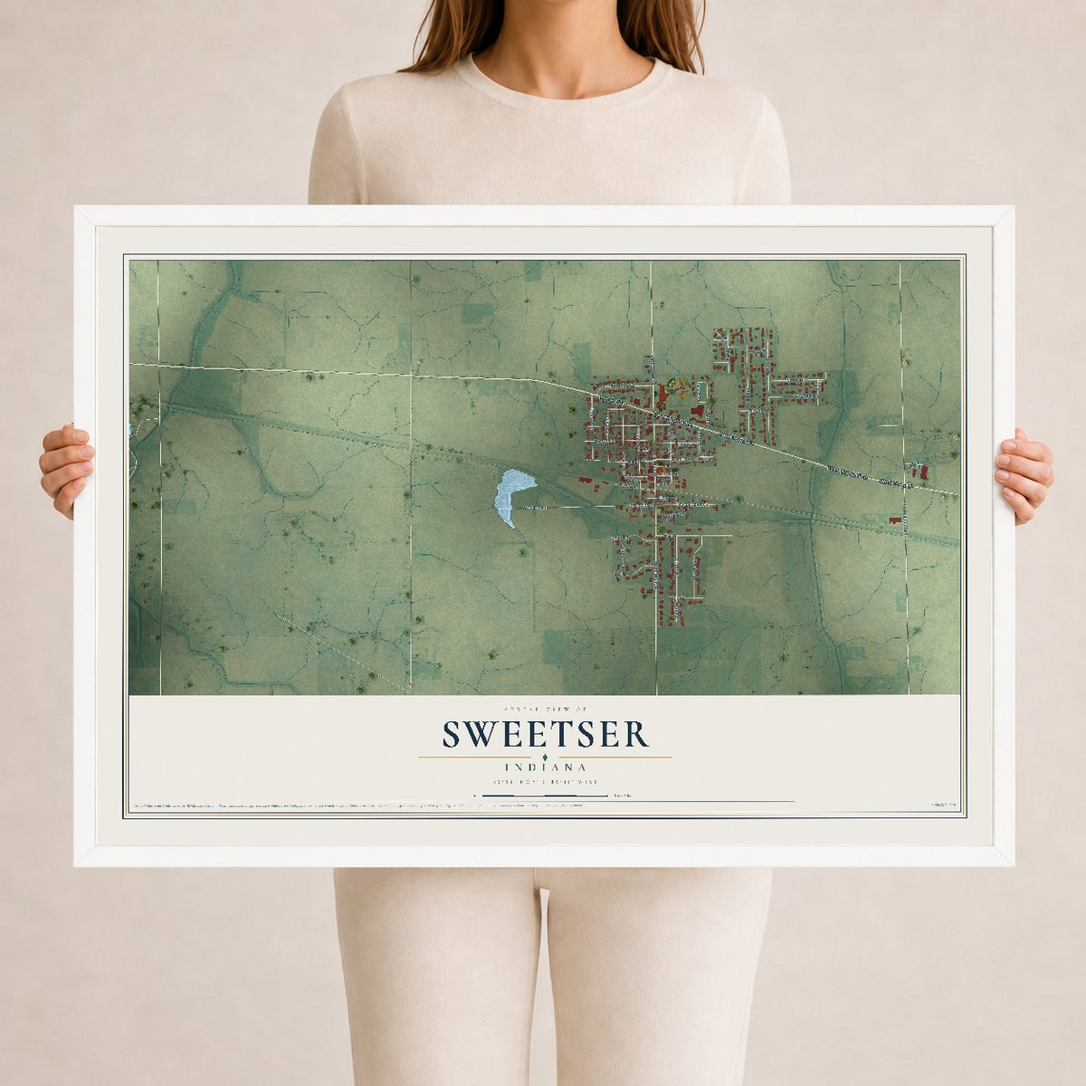 Map of Sweetser, Indiana, 24 x 36 inch print in a white wood frame