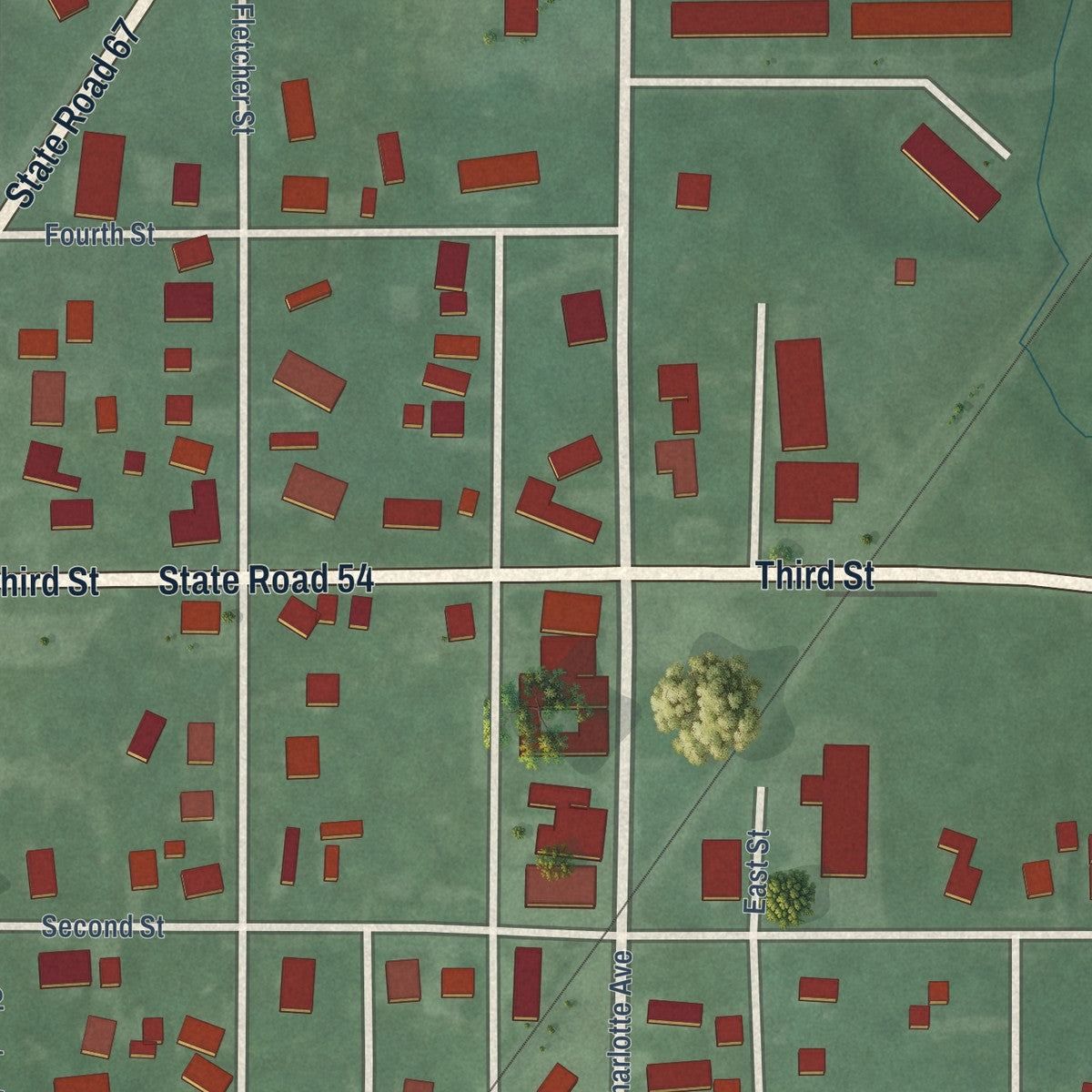 Close-up of the map of Switz City, Indiana print showing street and building detail