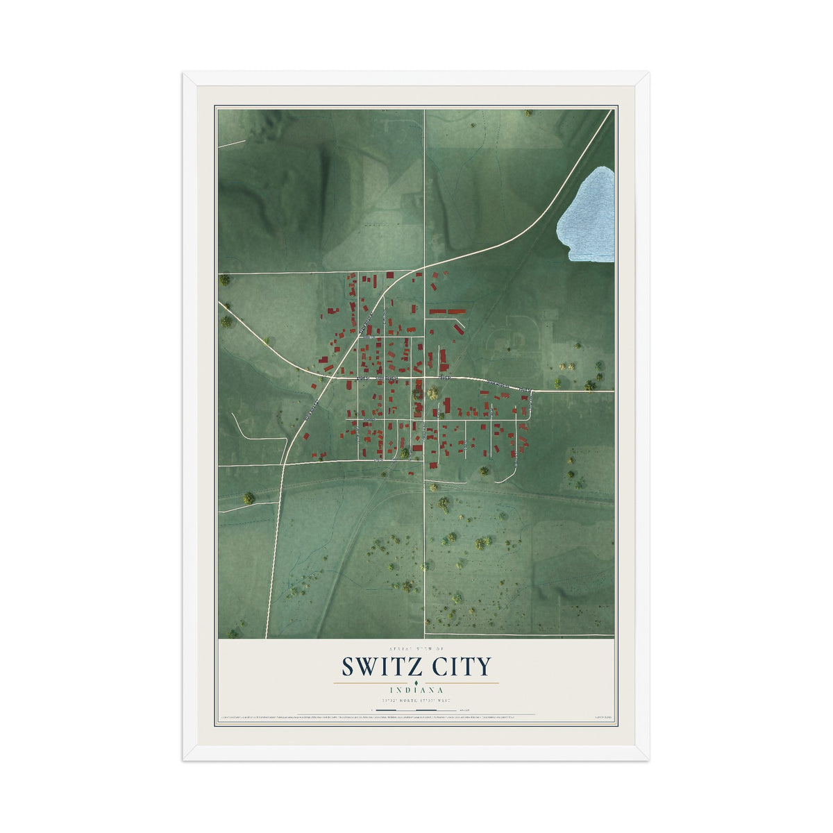 Map of Switz City, Indiana, 12 x 18 inch print in a white wood frame