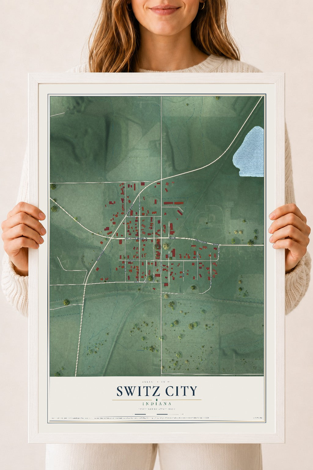 Map of Switz City, Indiana, 18 x 24 inch print in a white wood frame