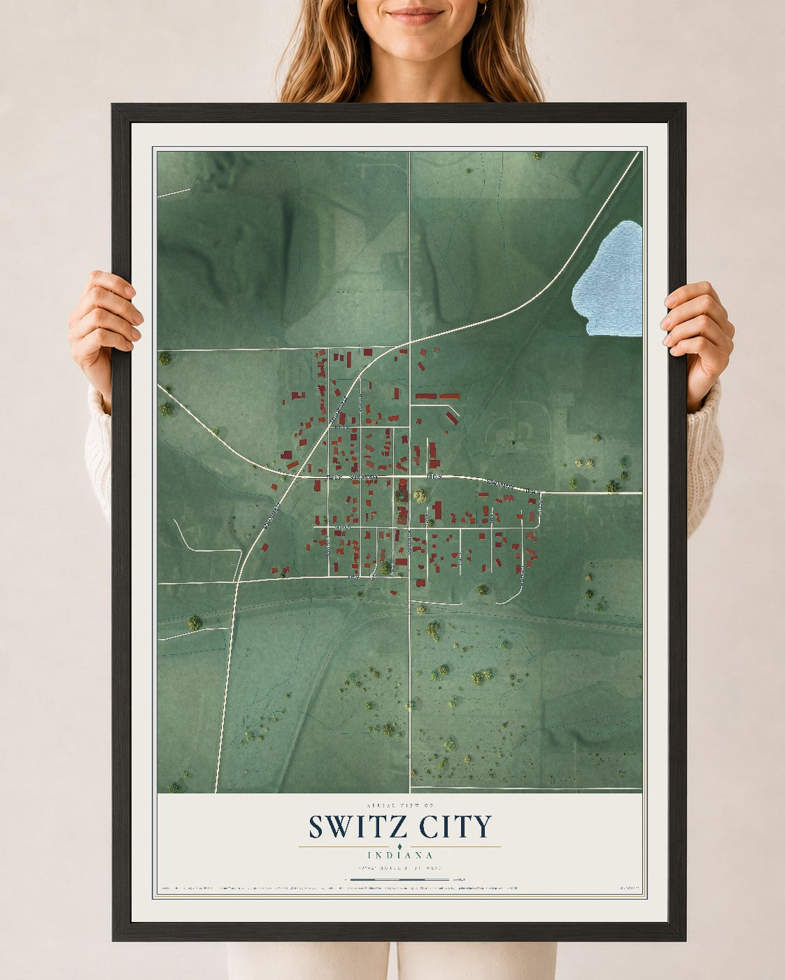 Map of Switz City, Indiana, 24 x 36 inch print in a black wood frame