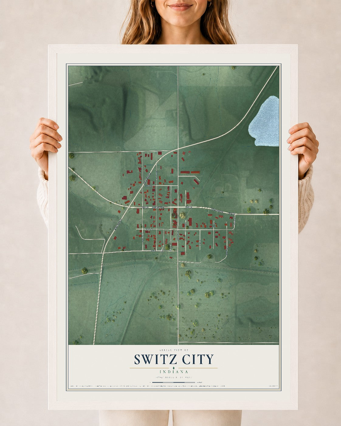 Map of Switz City, Indiana, 24 x 36 inch print in a white wood frame