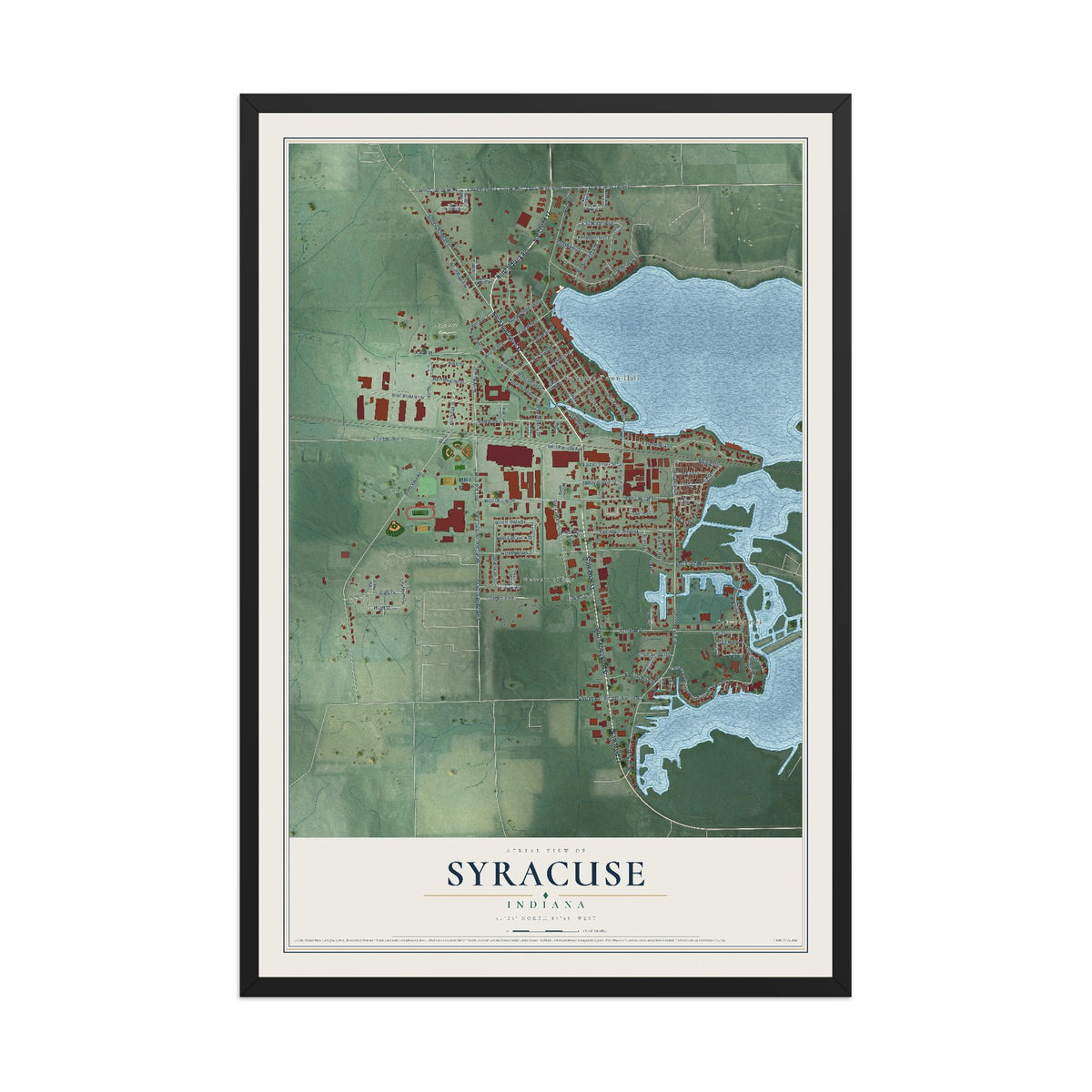 Map of Syracuse, Indiana, 12 x 18 inch print in a black wood frame