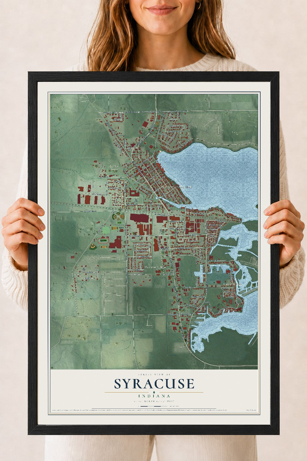 Map of Syracuse, Indiana, 18 x 24 inch print in a black wood frame