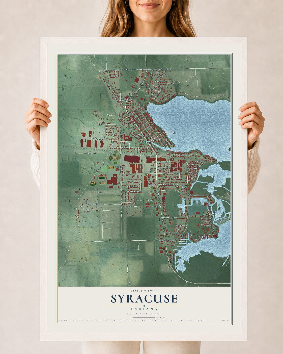 Map of Syracuse, Indiana, 24 x 36 inch print in a white wood frame