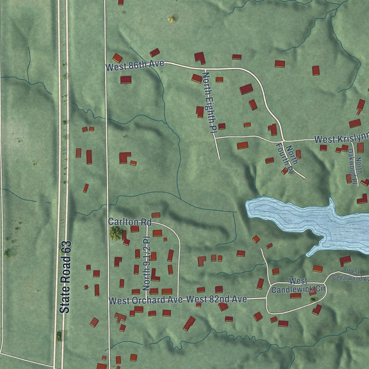 Close-up of the map of Tecumseh, Indiana print showing street and building detail