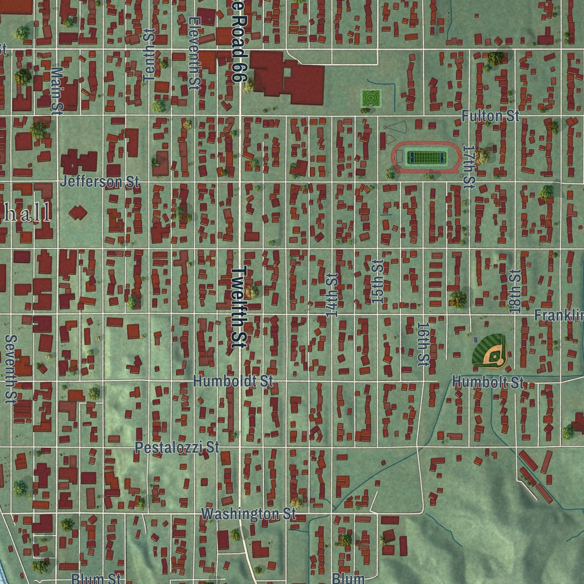 Close-up of the map of Tell City, Indiana print showing street and building detail