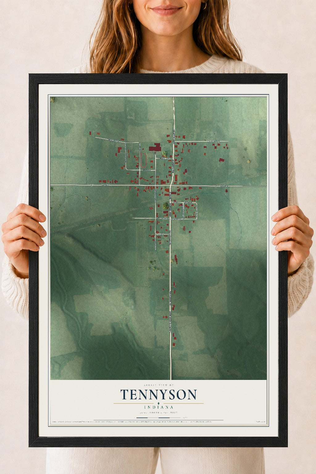Map of Tennyson, Indiana, 18 x 24 inch print in a black wood frame