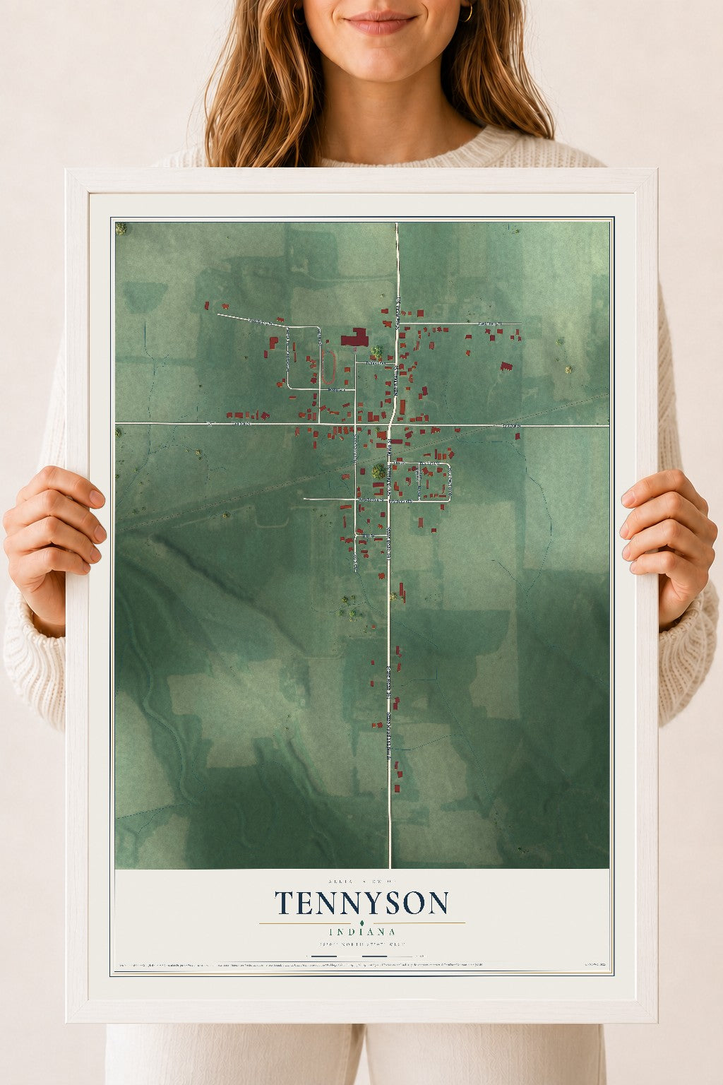 Map of Tennyson, Indiana, 18 x 24 inch print in a white wood frame