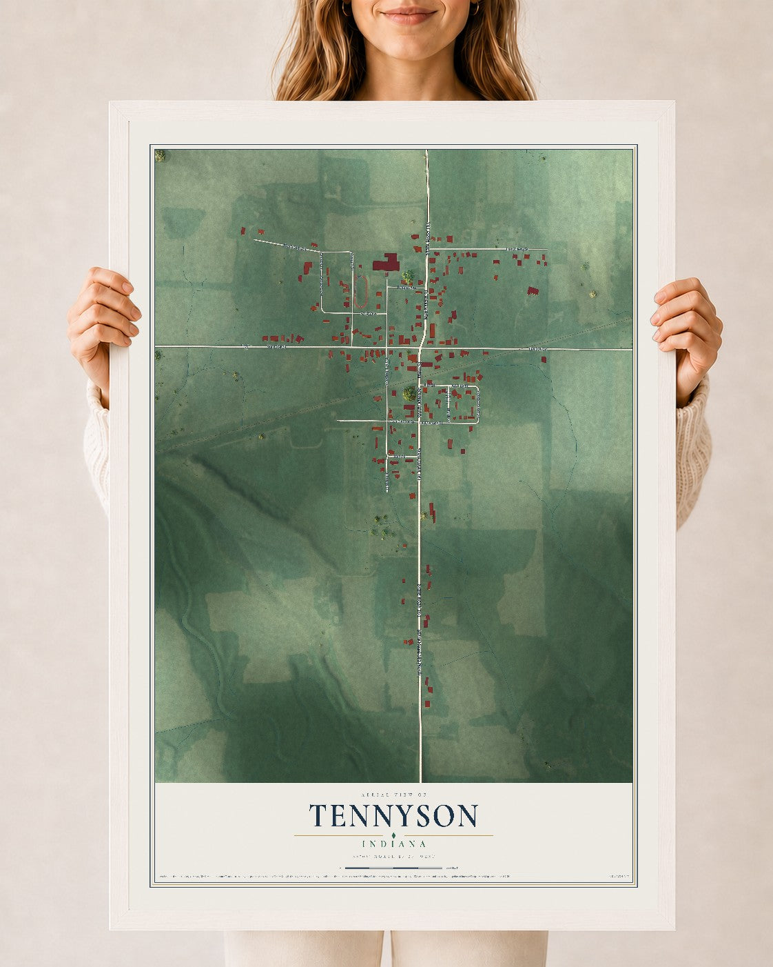 Map of Tennyson, Indiana, 24 x 36 inch print in a white wood frame