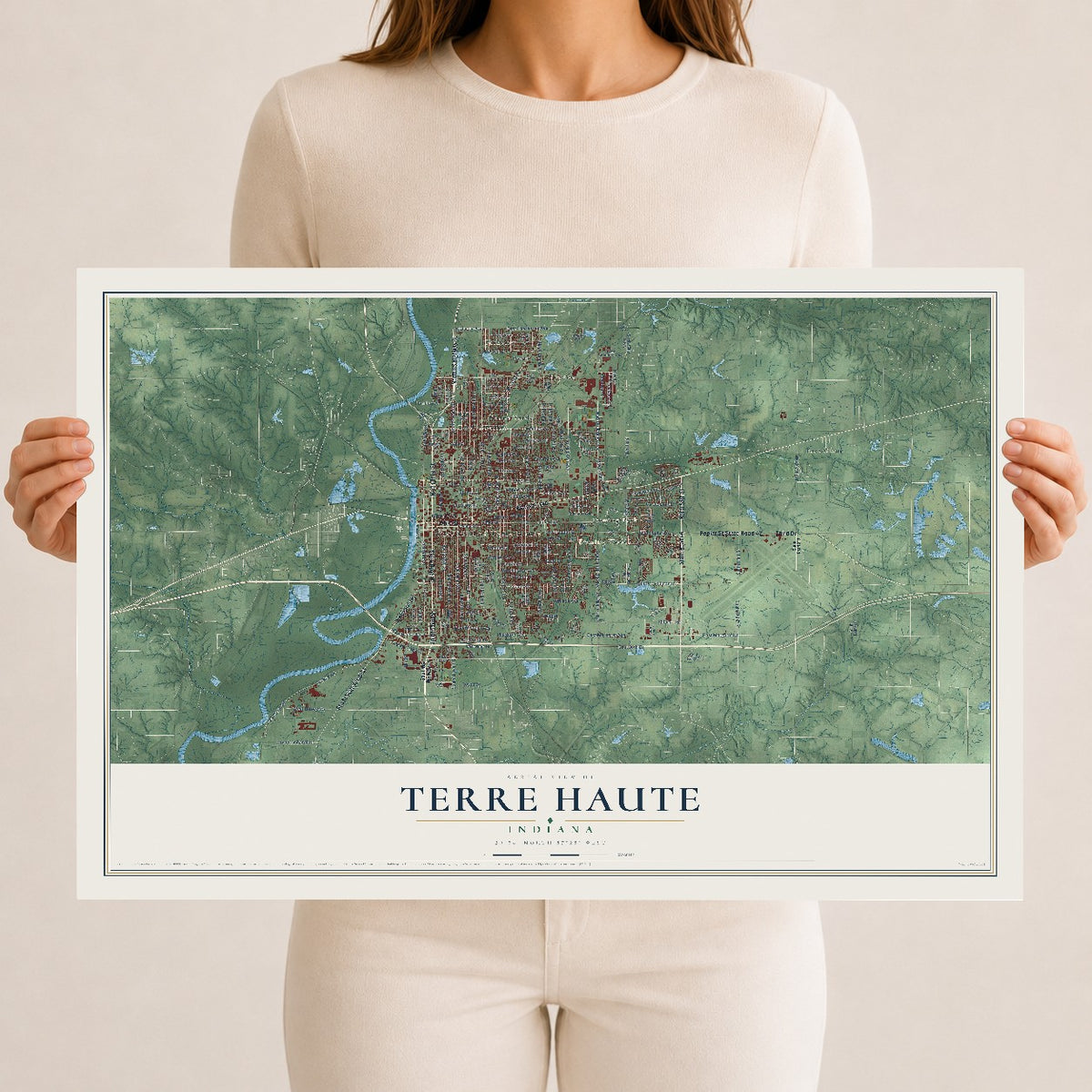 Map of Terre Haute, Indiana, 12 x 18 inch unframed archival matte print