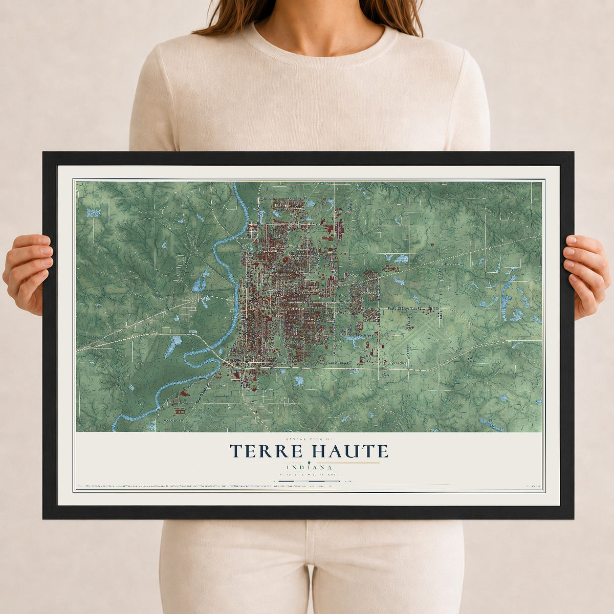 Map of Terre Haute, Indiana, 12 x 18 inch print in a black wood frame