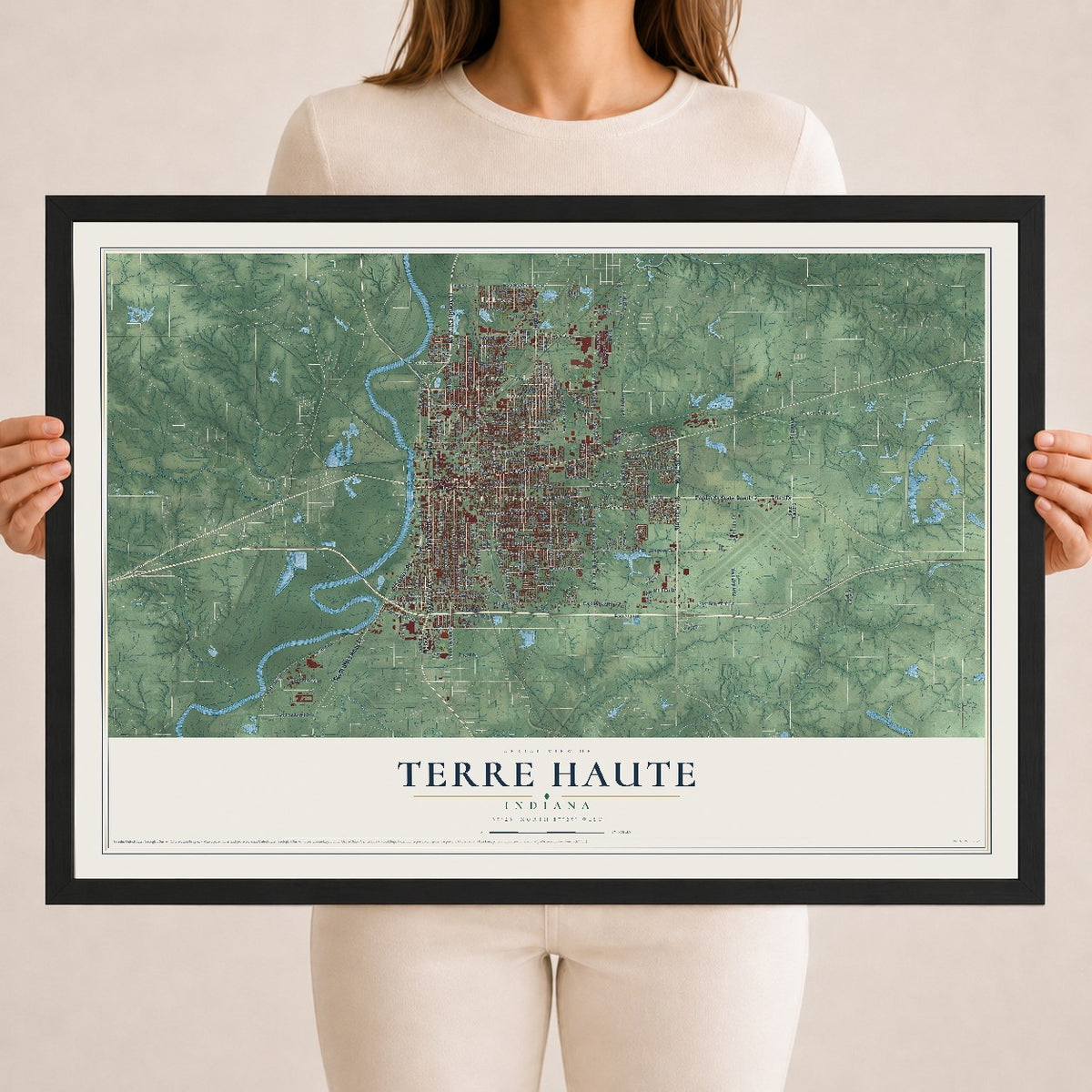 Map of Terre Haute, Indiana, 18 x 24 inch print in a black wood frame