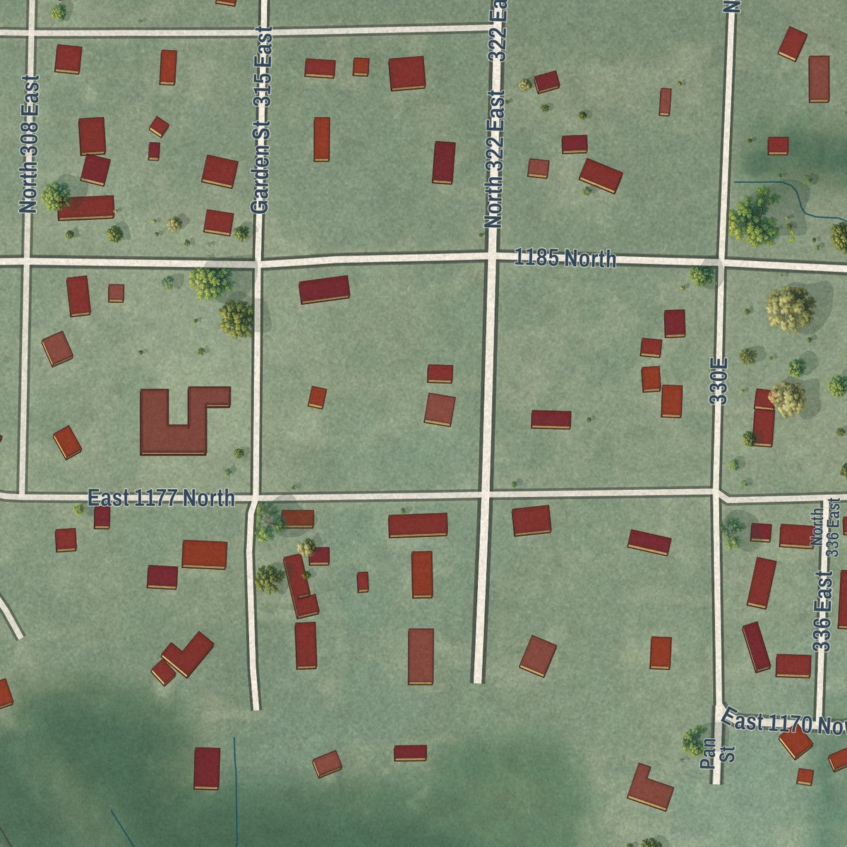 Close-up of the map of Thayer, Indiana print showing street and building detail