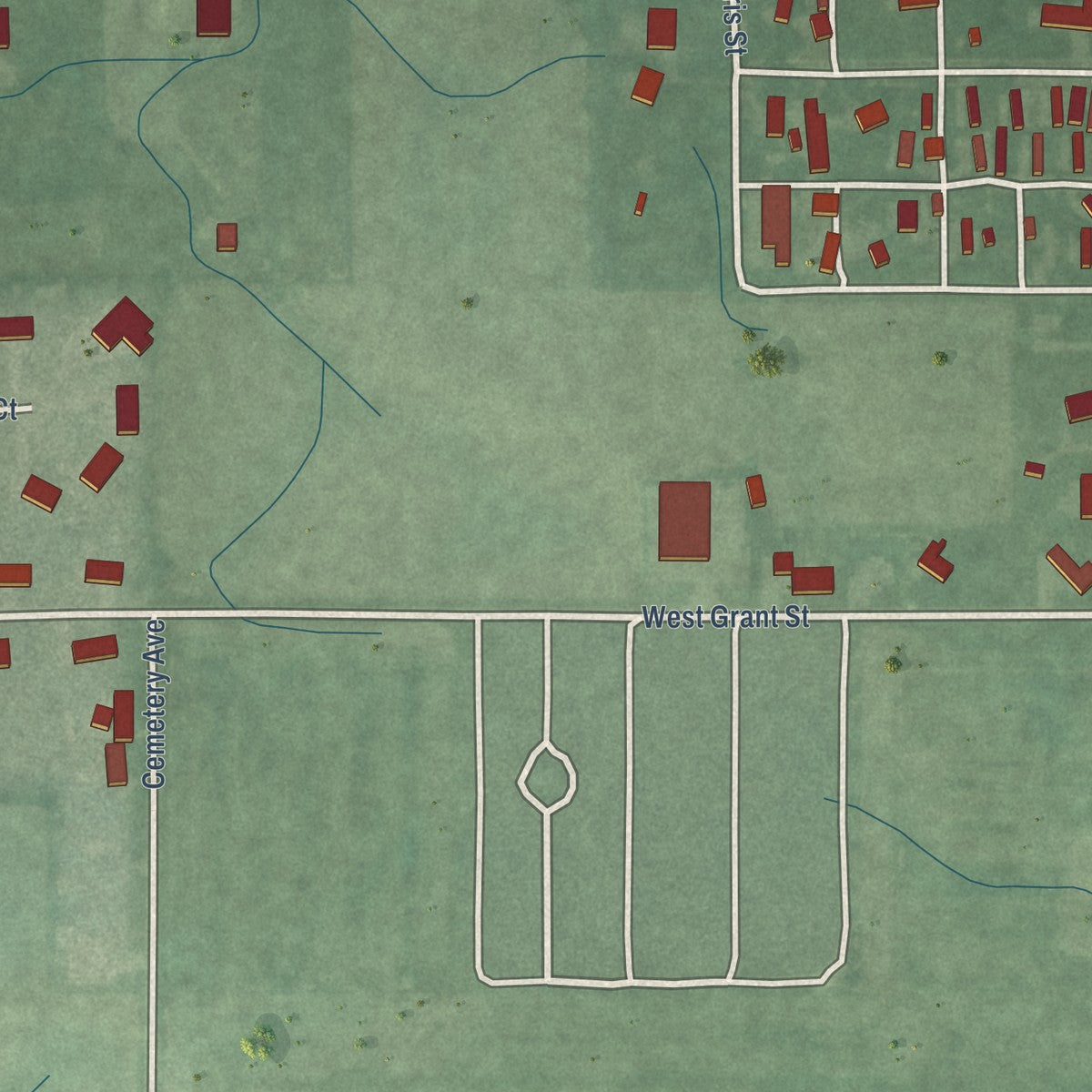 Second close-up of the map of Thorntown, Indiana print showing more streets and buildings