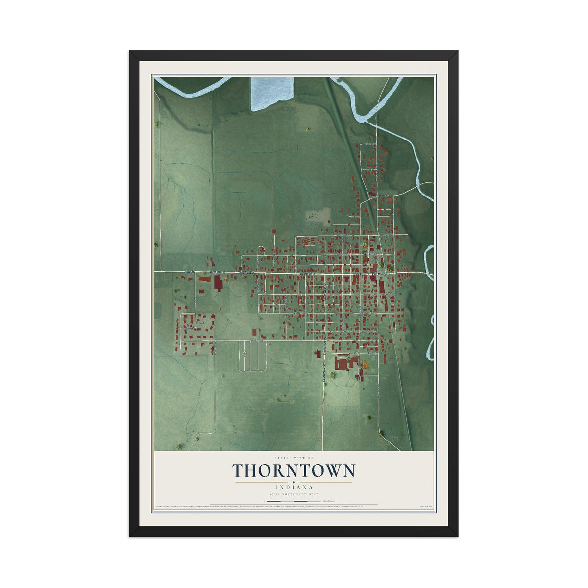 Map of Thorntown, Indiana, 12 x 18 inch print in a black wood frame