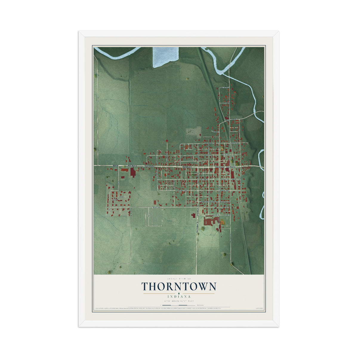 Map of Thorntown, Indiana, 12 x 18 inch print in a white wood frame