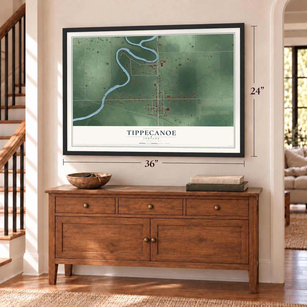 Tippecanoe, Indiana map, 24 x 36 inch print in a black frame above a dresser by a staircase