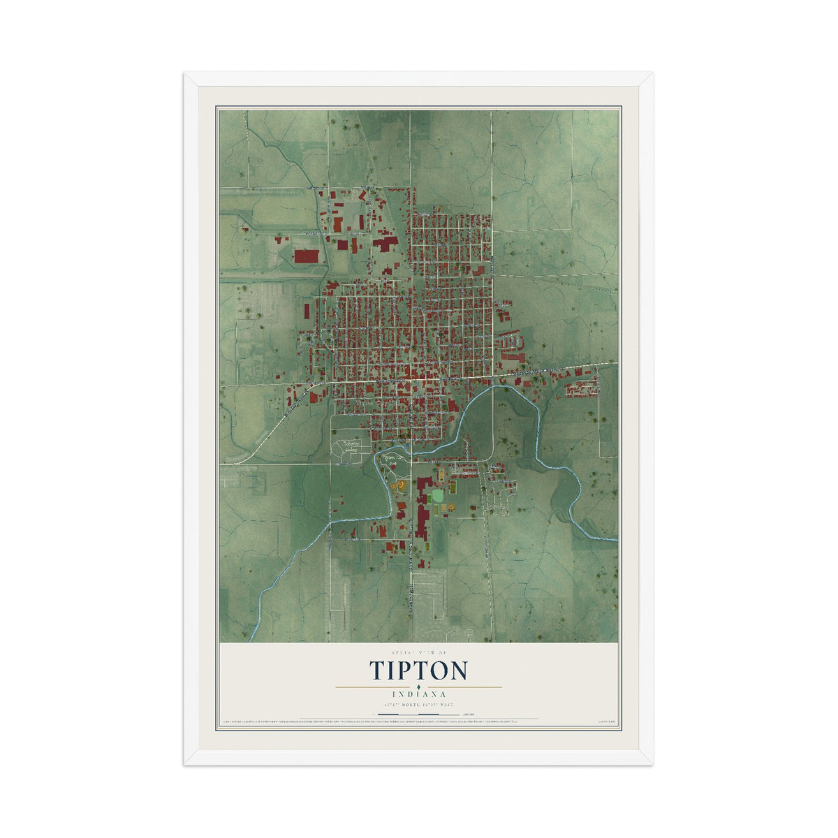 Map of Tipton, Indiana, 12 x 18 inch print in a white wood frame