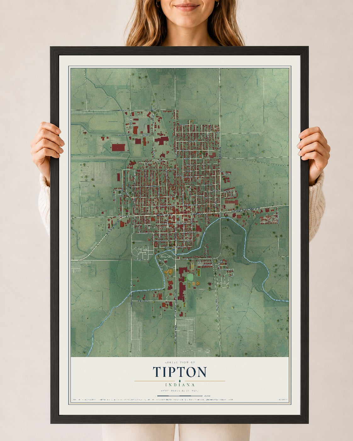 Map of Tipton, Indiana, 24 x 36 inch print in a black wood frame