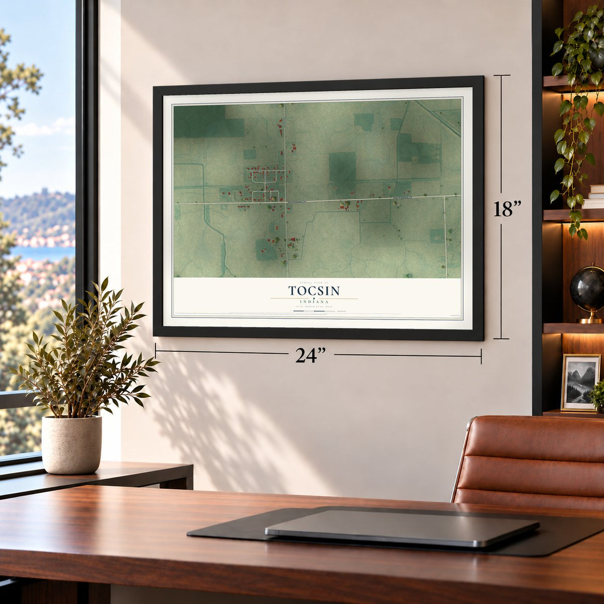 Tocsin, Indiana map, 18 x 24 inch print in a black frame in a home office