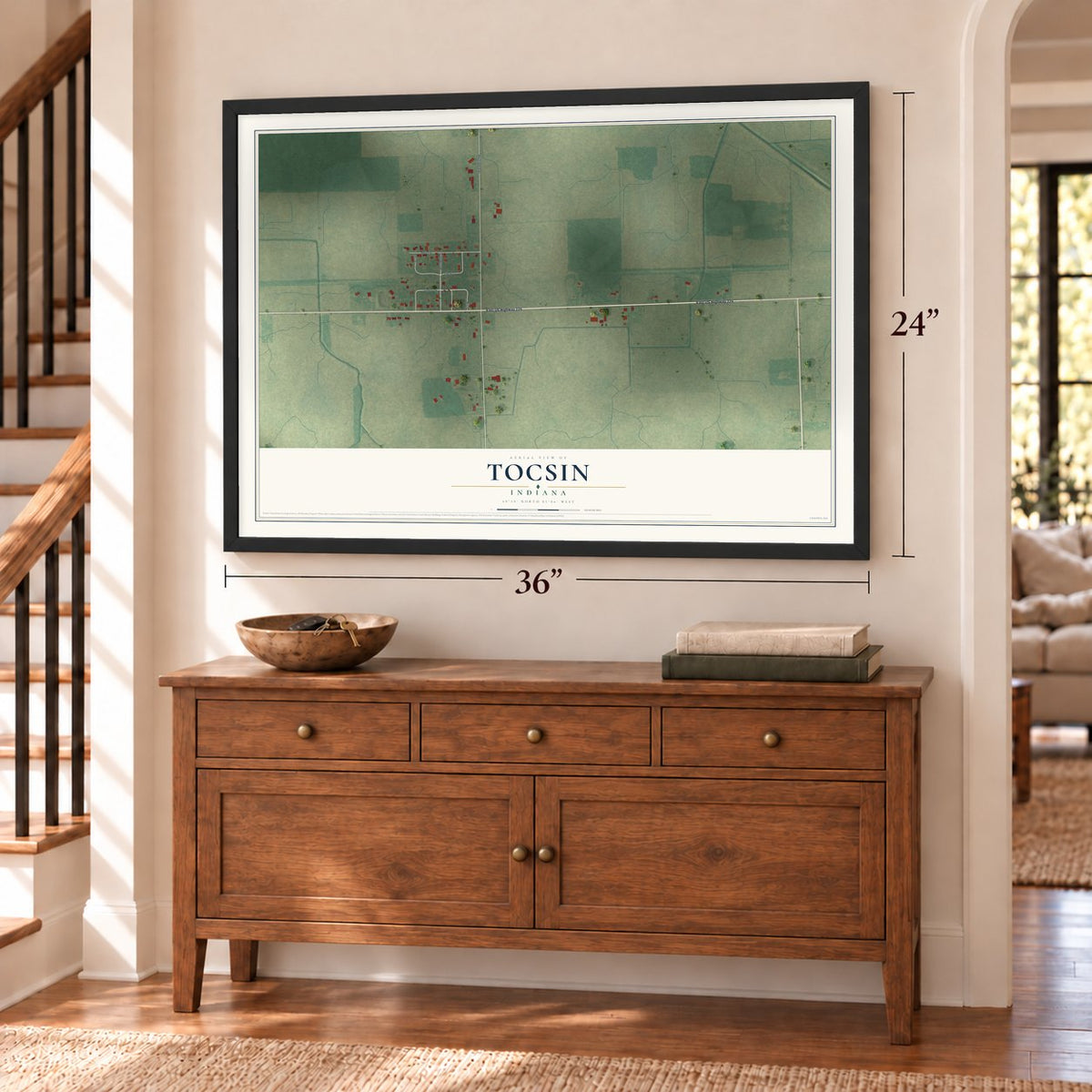 Tocsin, Indiana map, 24 x 36 inch print in a black frame above a dresser by a staircase