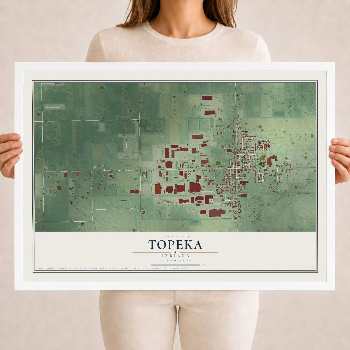 Map of Topeka, Indiana, 18 x 24 inch print in a white wood frame
