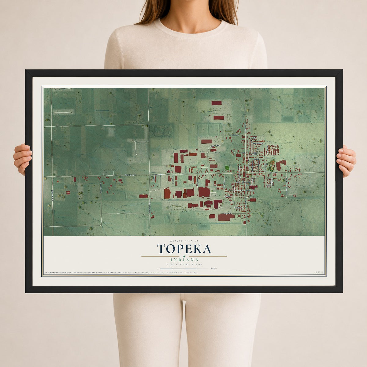 Map of Topeka, Indiana, 24 x 36 inch print in a black wood frame