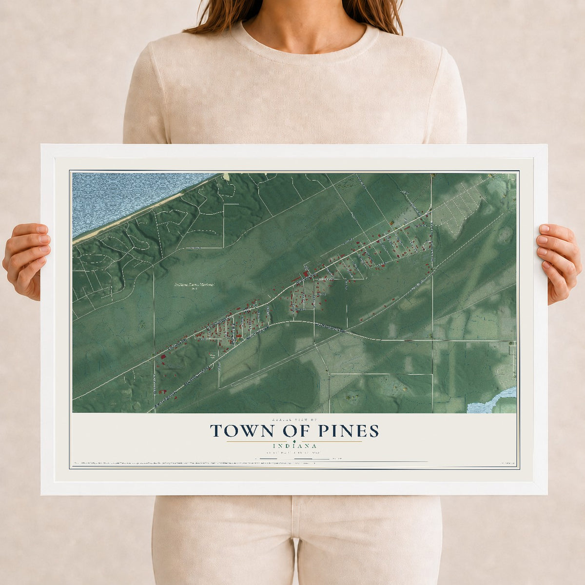 Map of the Town of Pines, Indiana, 12 x 18 inch print in a white wood frame