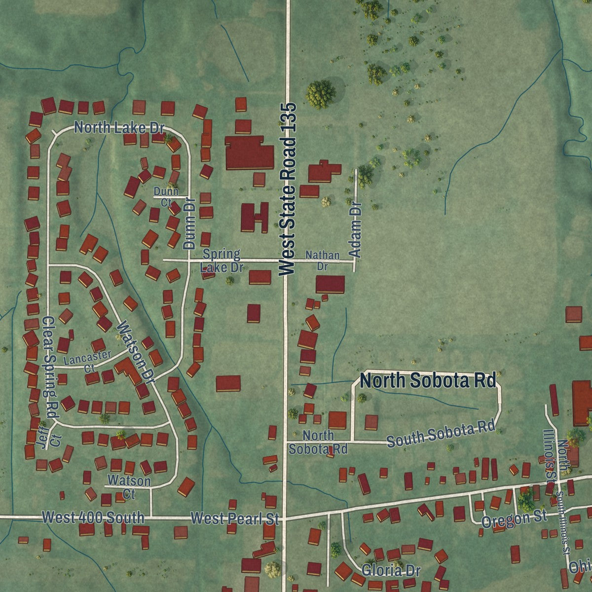 Close-up of the map of Trafalgar, Indiana print showing street and building detail