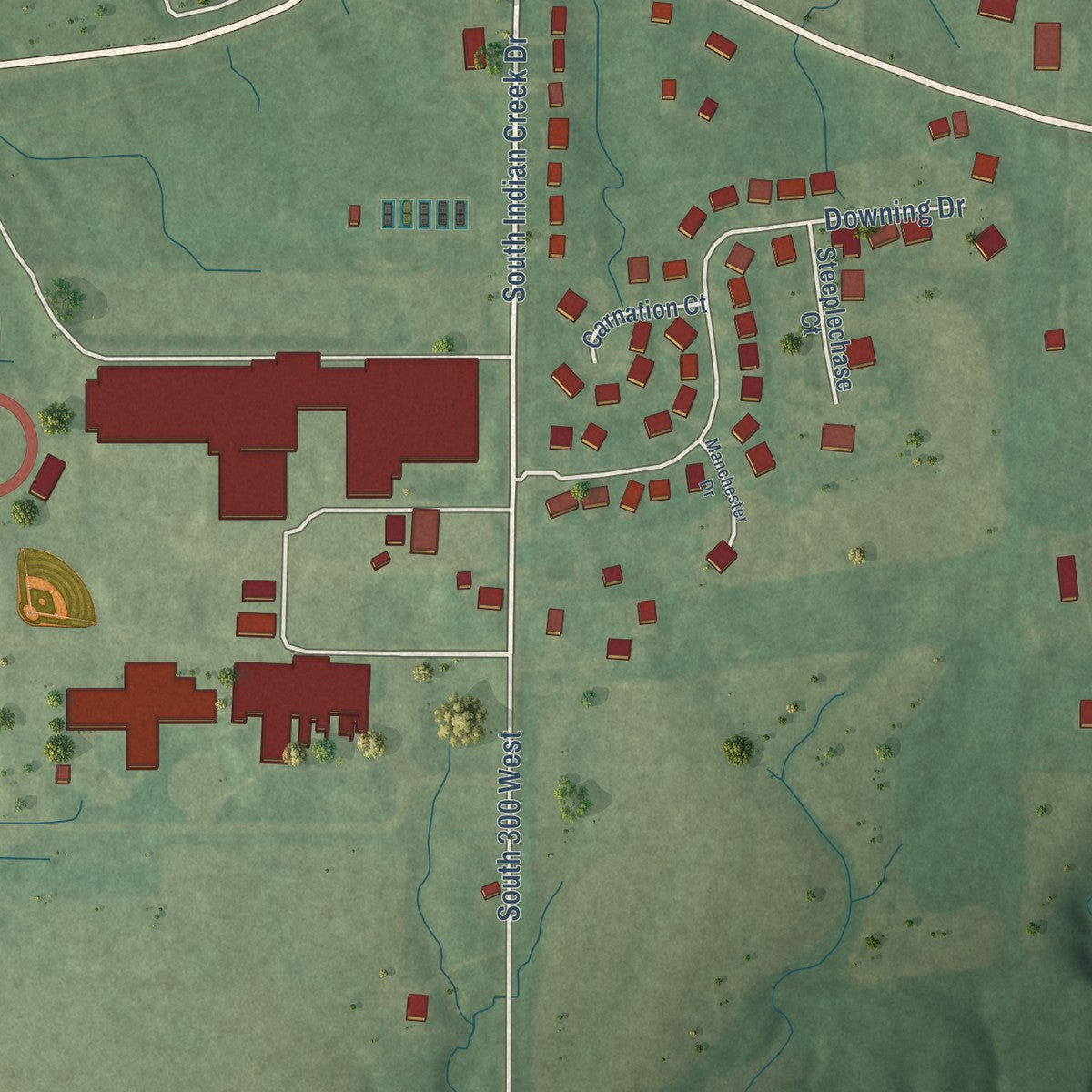 Second close-up of the map of Trafalgar, Indiana print showing more streets and buildings