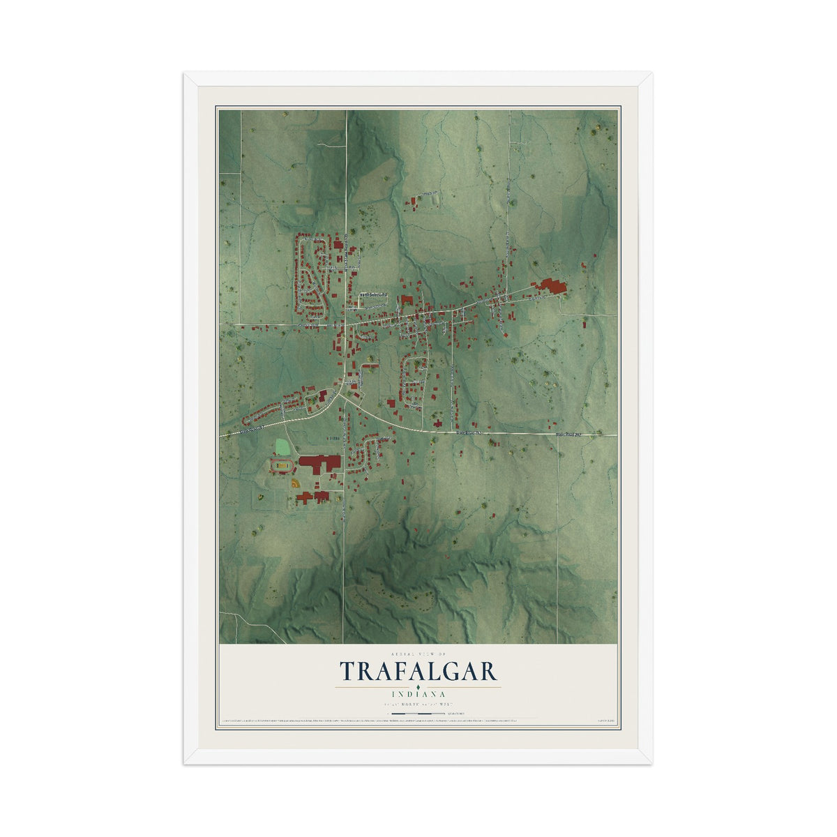 Map of Trafalgar, Indiana, 12 x 18 inch print in a white wood frame