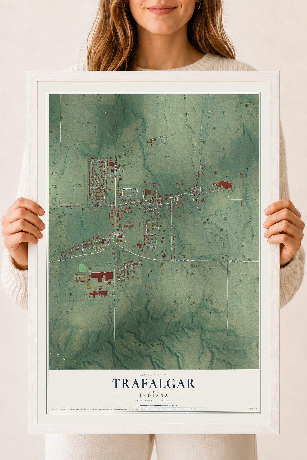 Map of Trafalgar, Indiana, 18 x 24 inch print in a white wood frame