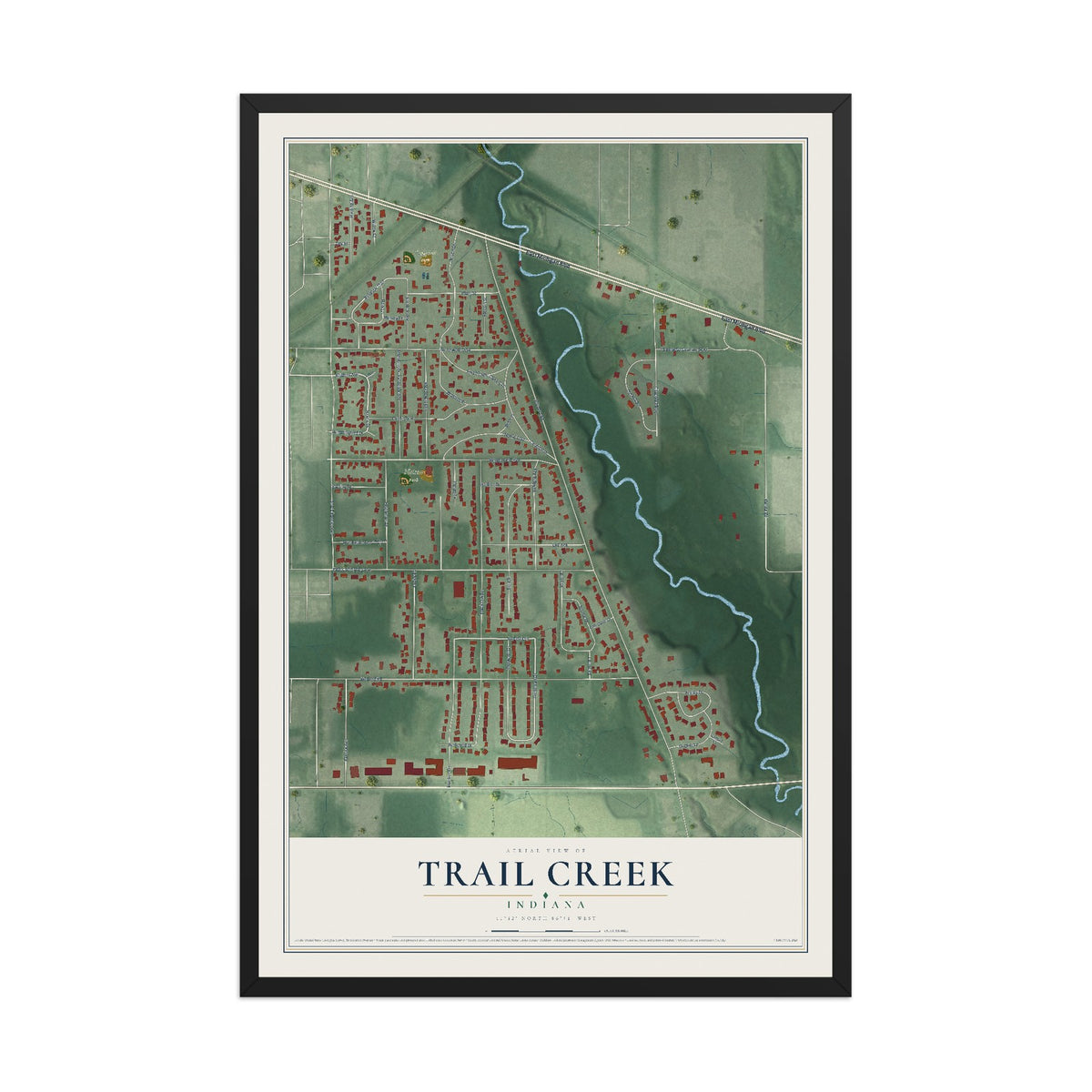 Map of Trail Creek, Indiana, 12 x 18 inch print in a black wood frame