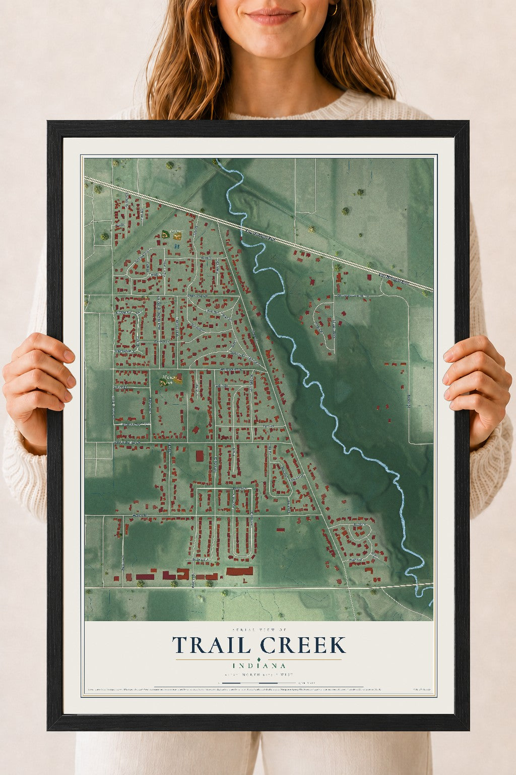 Map of Trail Creek, Indiana, 18 x 24 inch print in a black wood frame