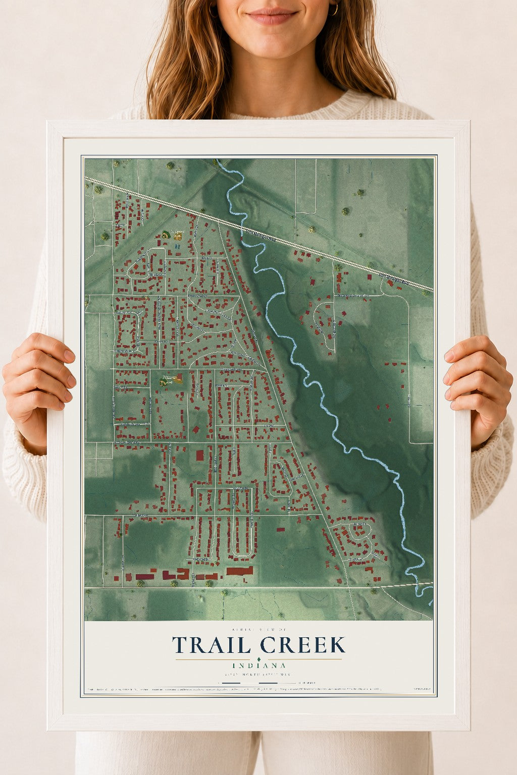 Map of Trail Creek, Indiana, 18 x 24 inch print in a white wood frame