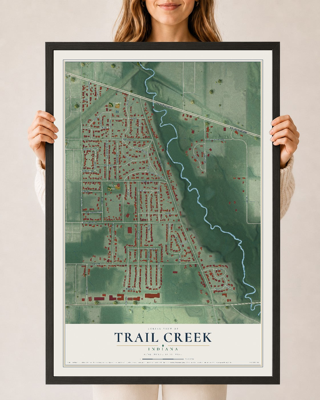 Map of Trail Creek, Indiana, 24 x 36 inch print in a black wood frame