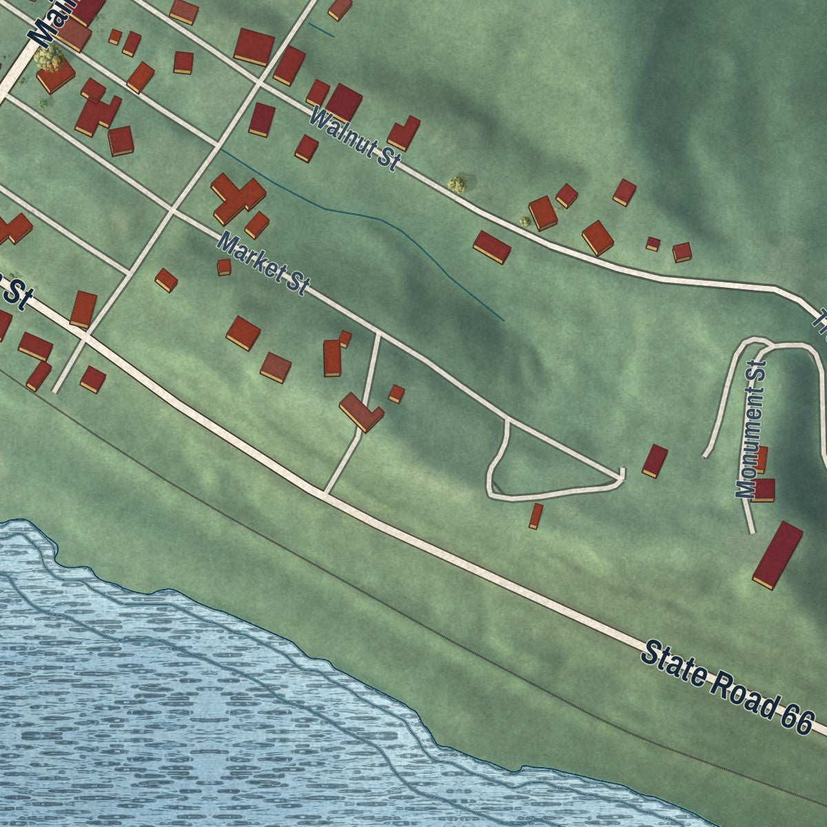 Second close-up of the map of Troy, Indiana print showing more streets and buildings